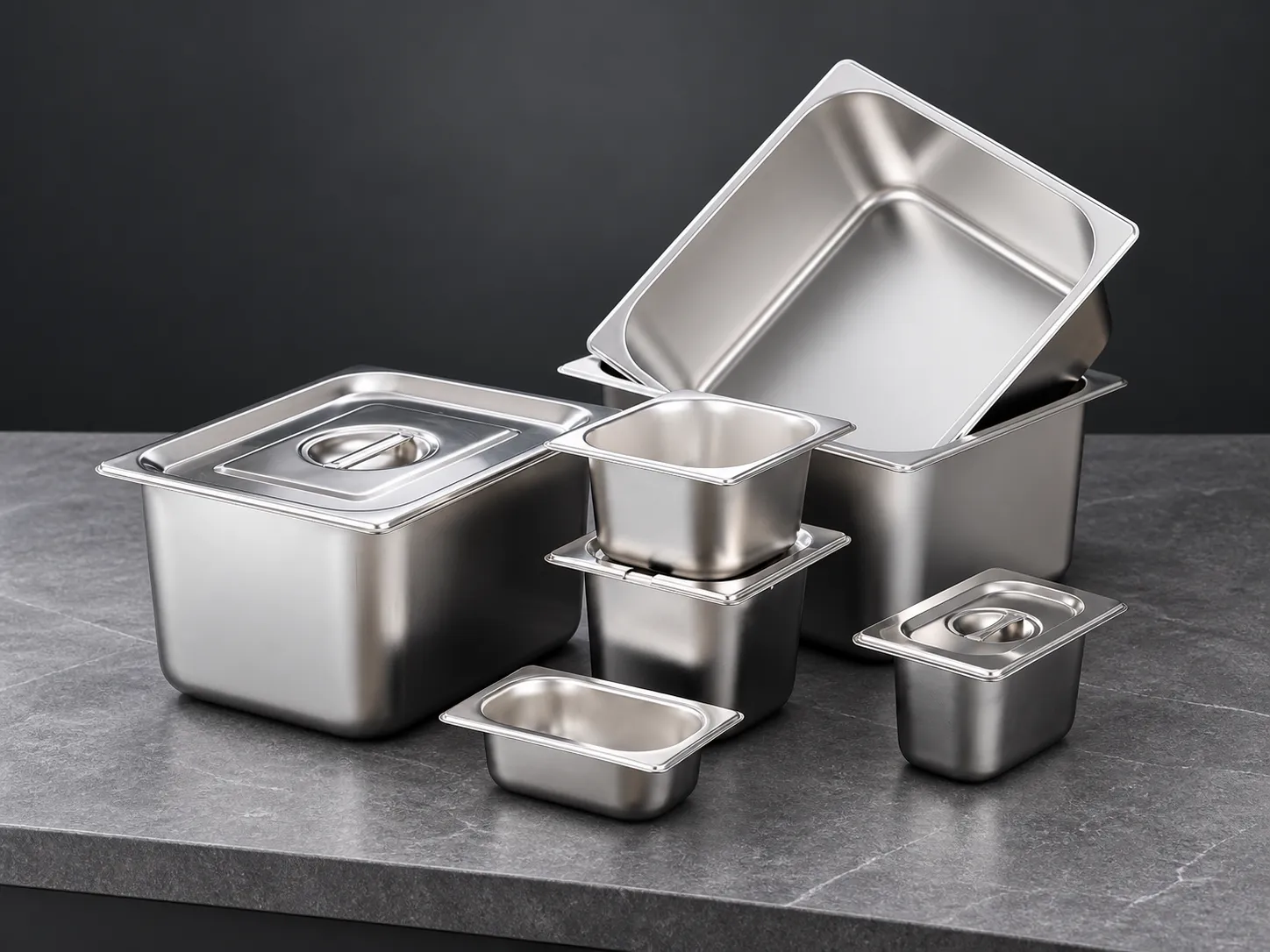 American-style deep and small hotel pans with a tilted open pan showing its interior