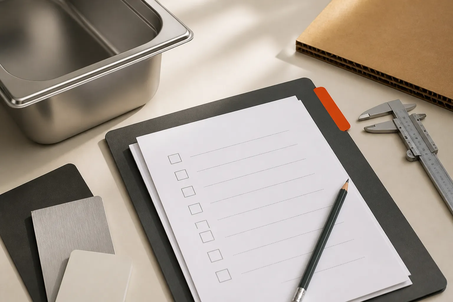 Food pan RFQ checklist on a procurement desk