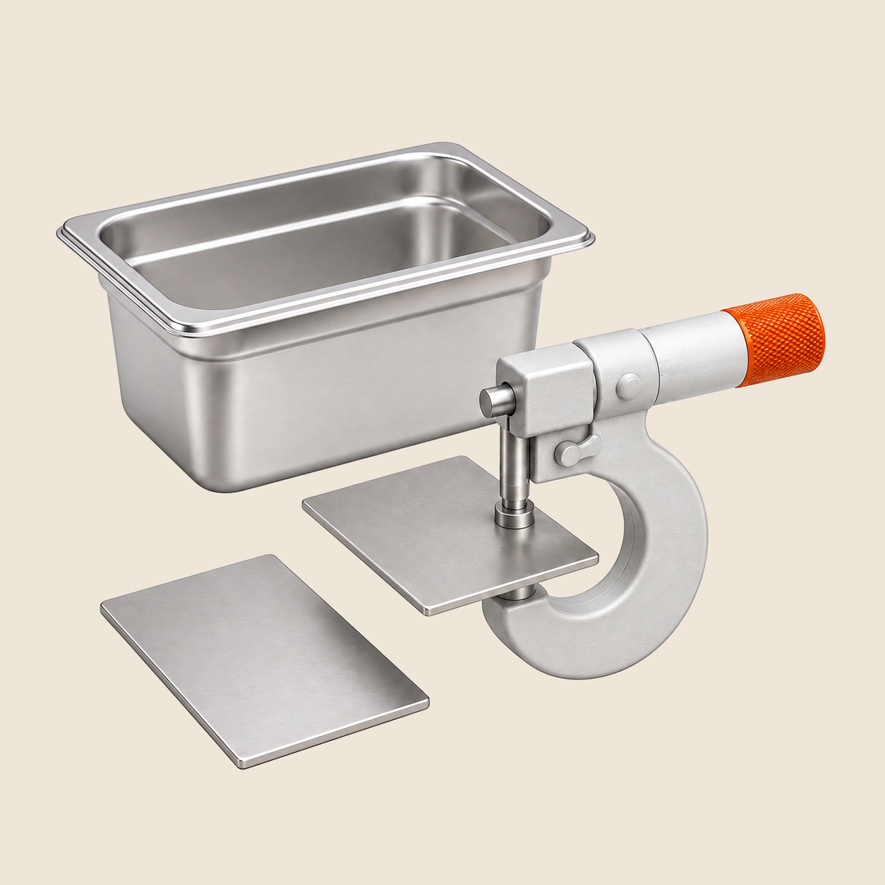 Stainless steel sheet samples and a thickness gauge beside a food pan.