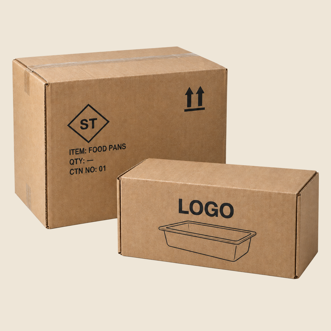 Natural kraft cartons showing example shipping marks and placeholder brand logo printing; printed quantities are illustrative.