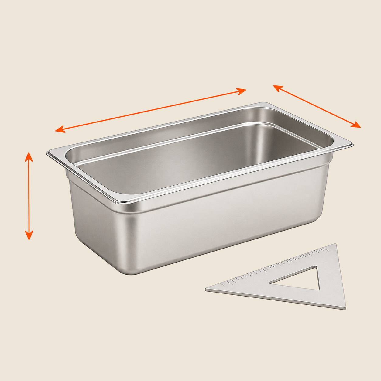 Food pan with length, width and depth arrows to illustrate size and construction options.