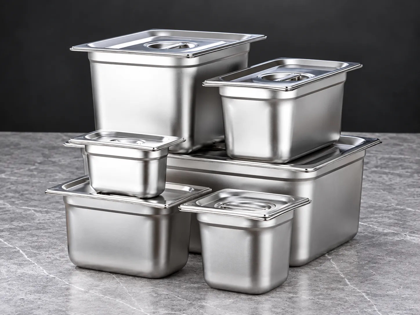 European-style GN pans in multiple sizes stacked with fitted lids