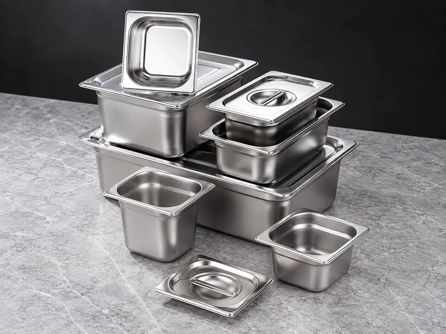 Stacked European-style GN pans with open small pans and matching lids