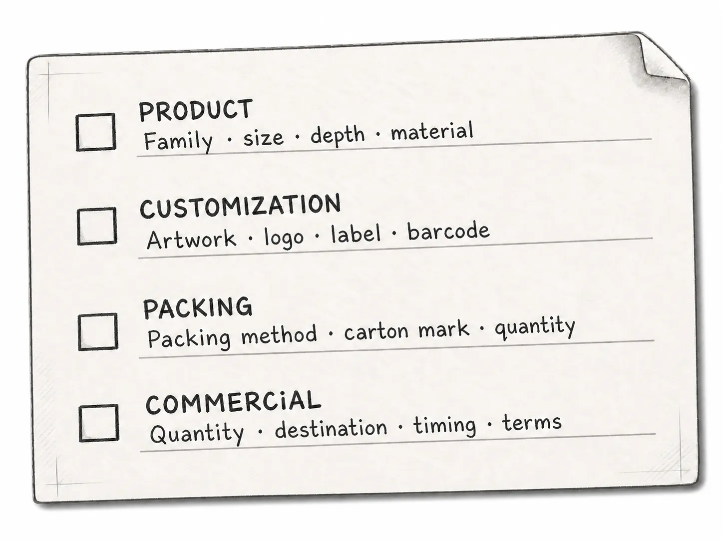 Checklist covering product, customization, packing and commercial order details