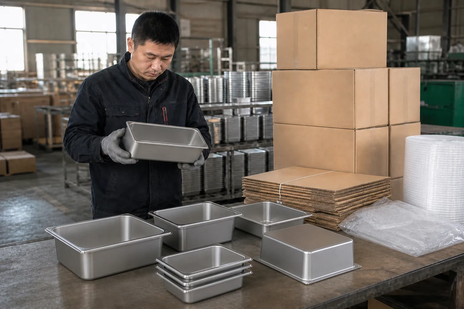 Worker reviewing finished stainless steel food pans beside packing materials
