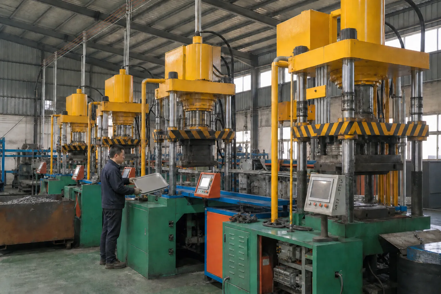 Operator monitoring stainless steel food pan forming equipment