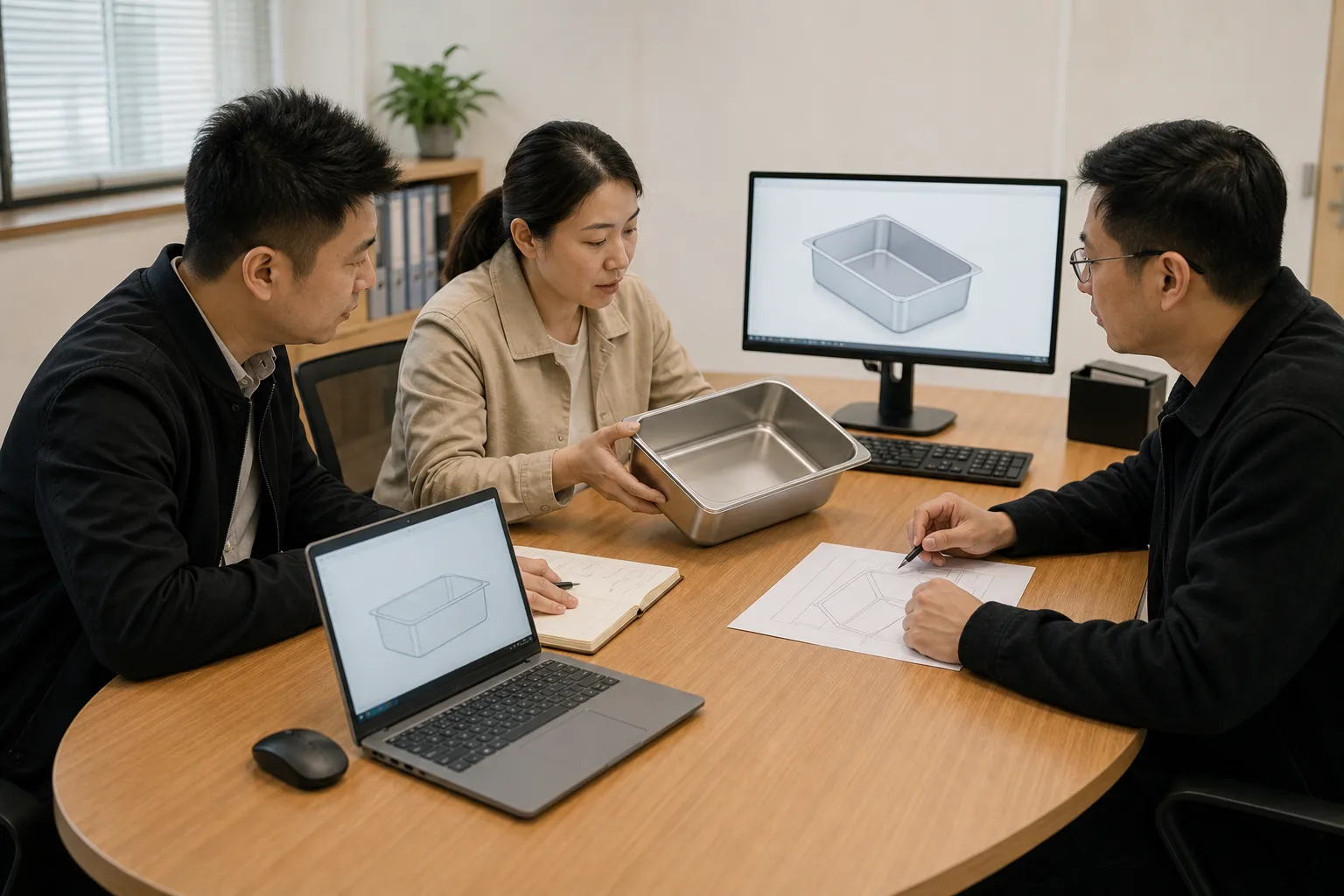 Order team reviewing a stainless steel food pan and product drawings before production