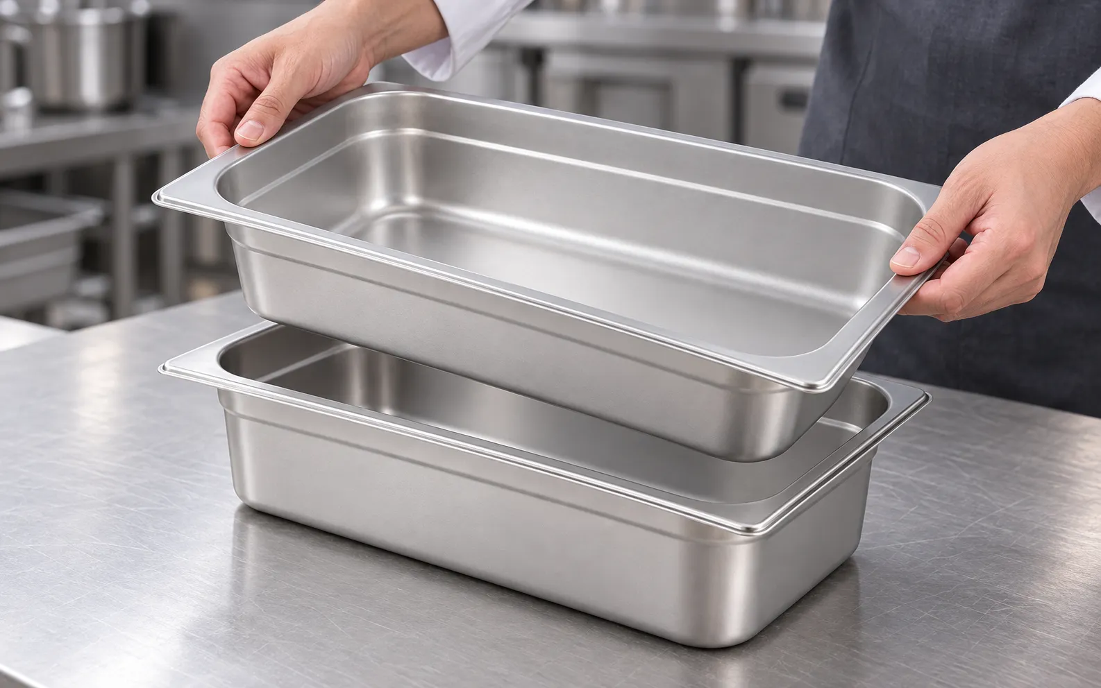 Hands lifting a SEEKTAY GN pan by its rolled rim
