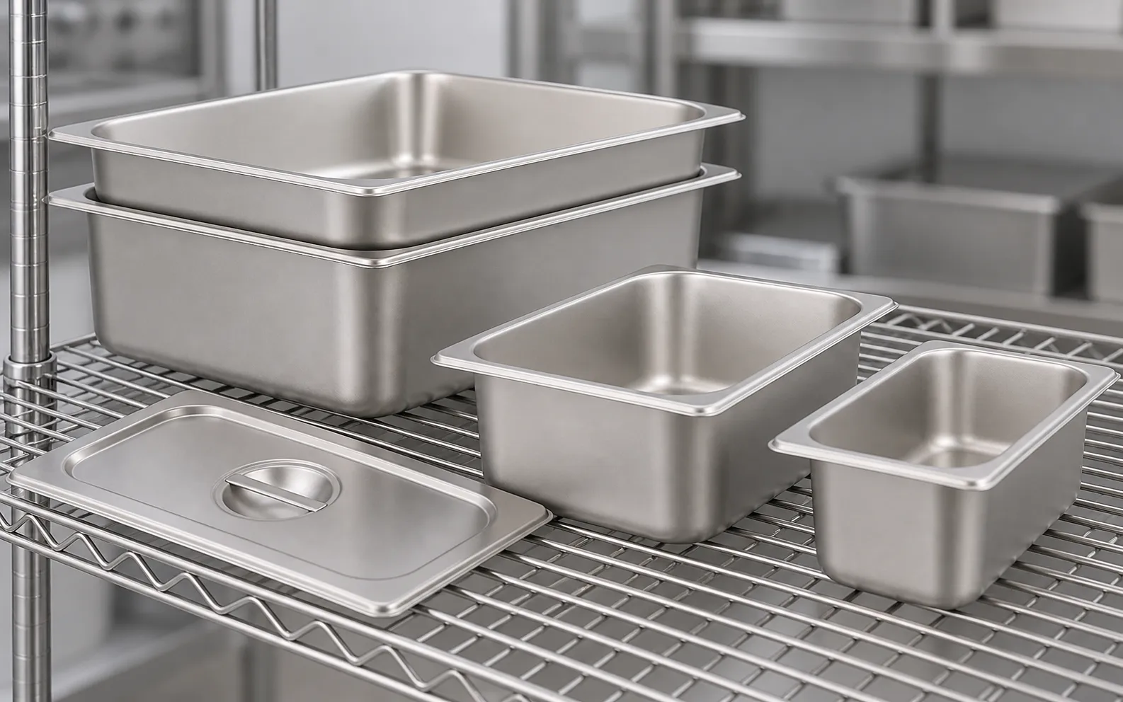 A stack of SEEKTAY stainless steel hotel pans on a kitchen storage rack