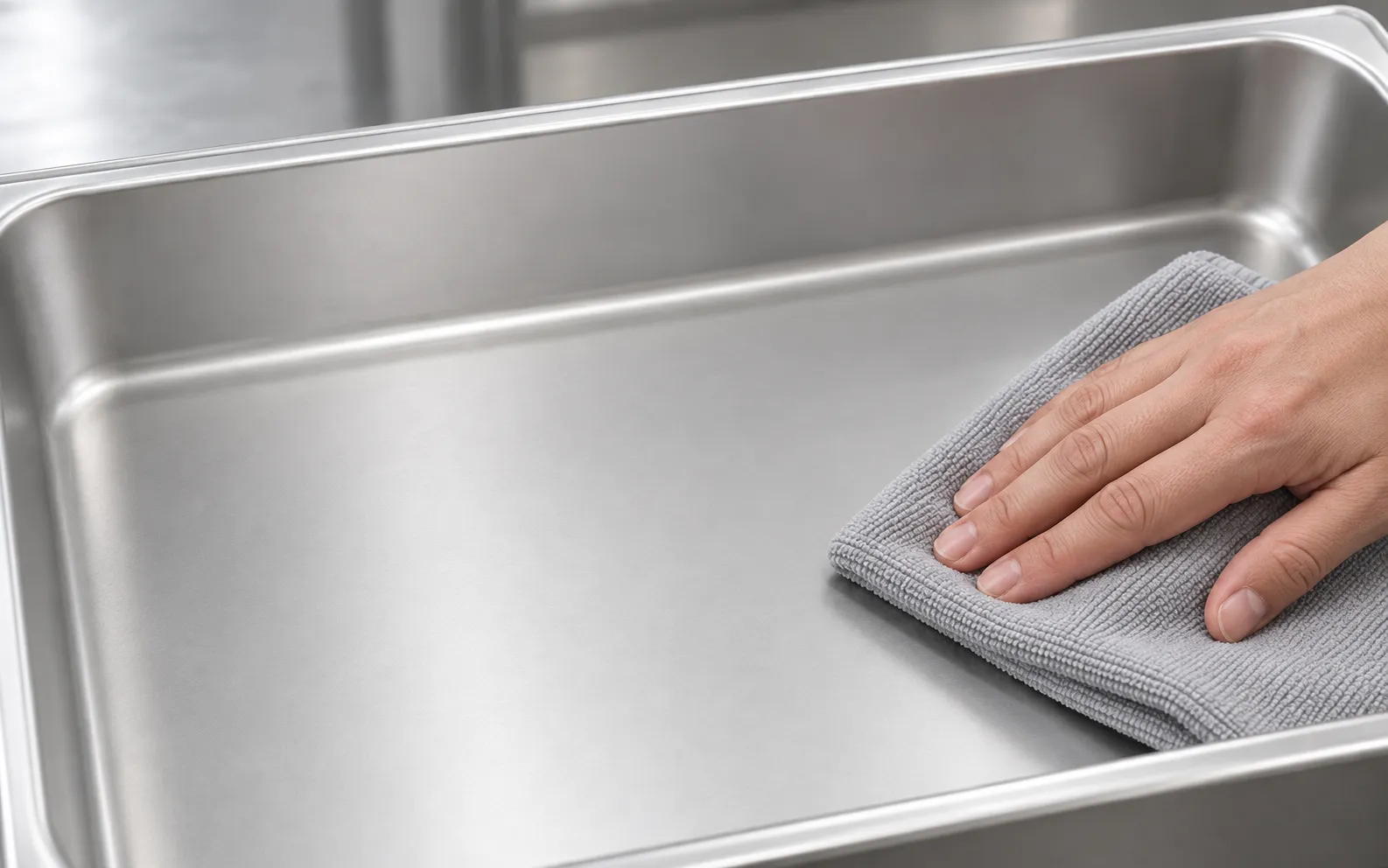 Close-up of the electropolished surface of a SEEKTAY hotel pan being wiped