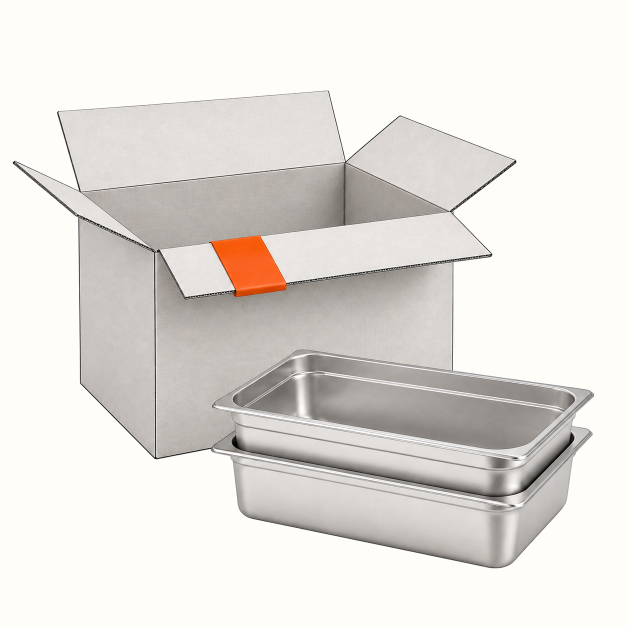 Two stainless steel food pans beside an open carton.