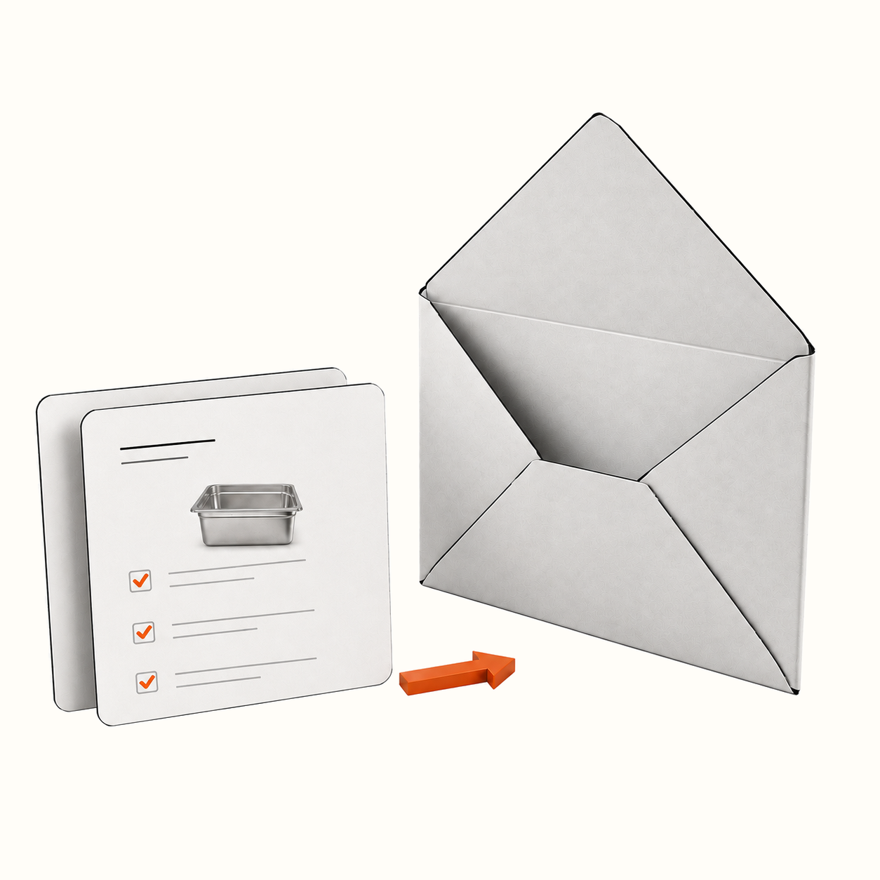 An inquiry card with a food pan picture beside an envelope.