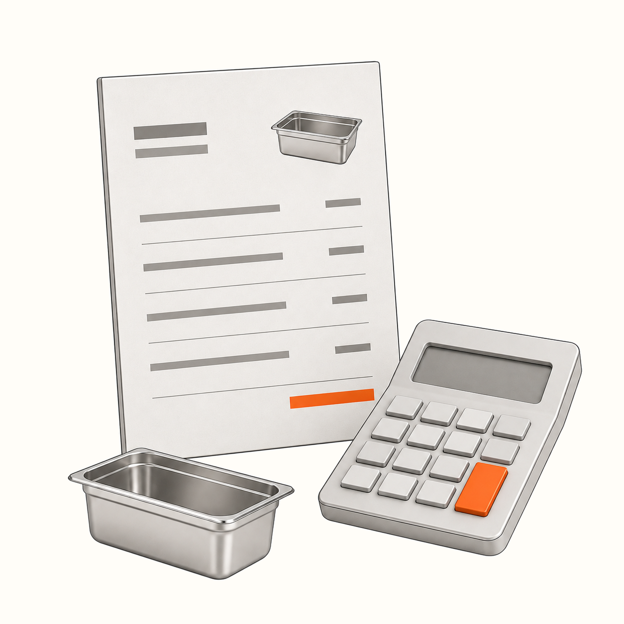 A quotation sheet, calculator and stainless steel food pan.