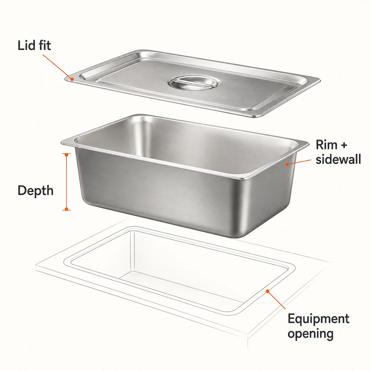 Exploded-view illustration of a hotel pan, lid and schematic equipment opening, with callouts for lid fit, rim and sidewall, and depth